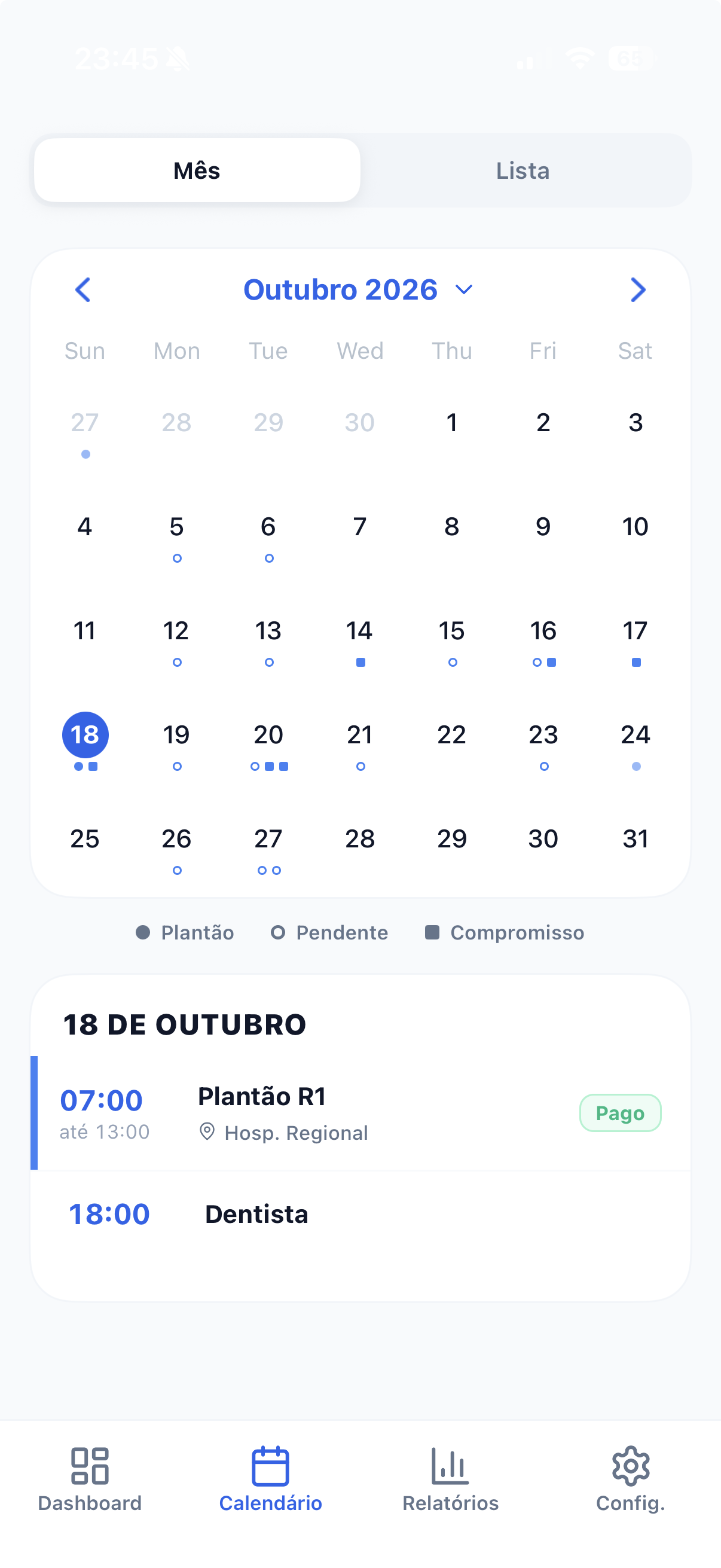 Calendário real do Escalin com plantões e compromissos do dia